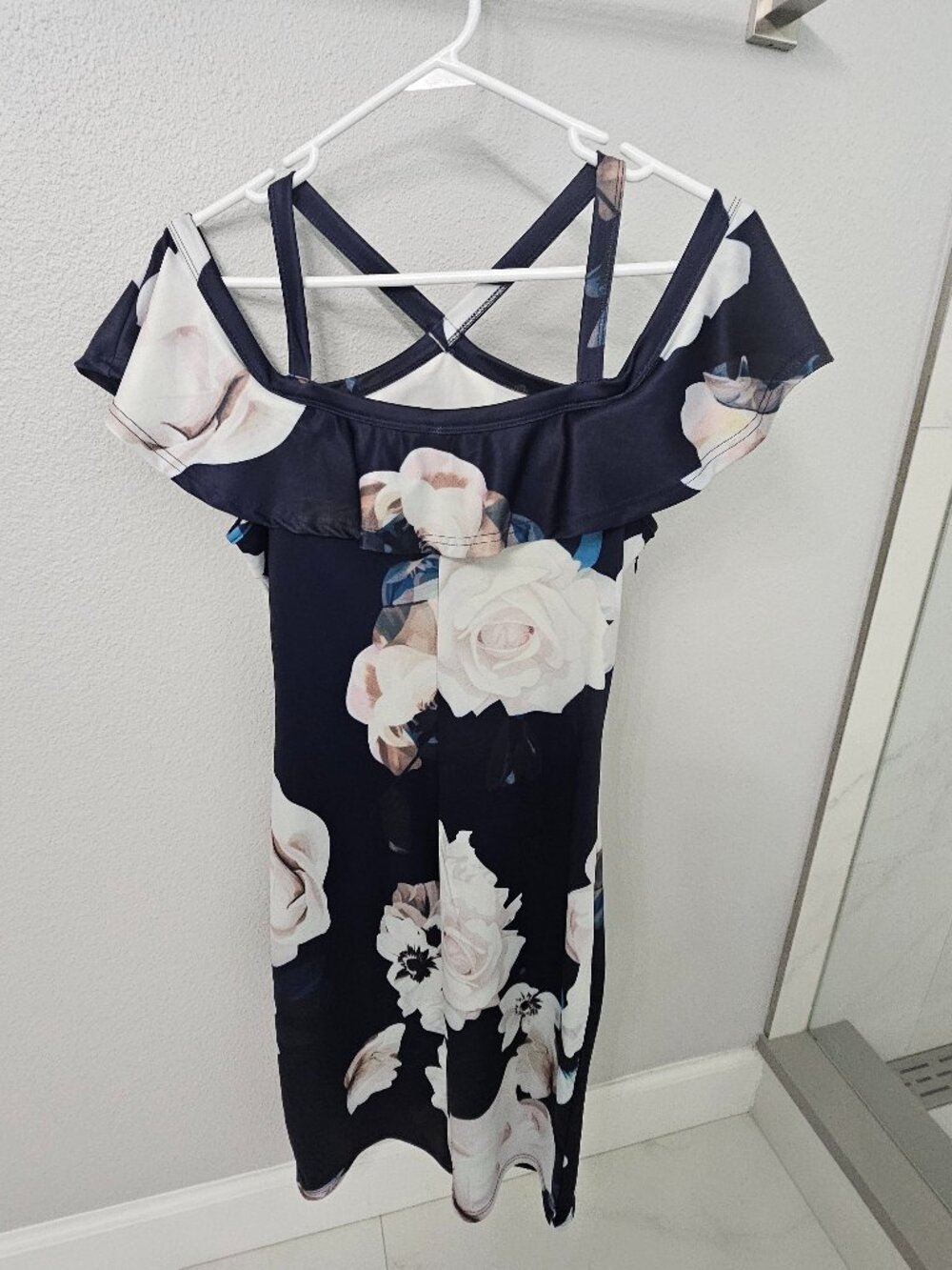 Navy Floral Open-Shoulder Dress